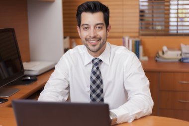 ahşap panelli bir ofis içinde laptop ile çalışan mutlu başarılı olgun iş adamı portresi