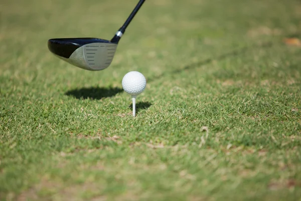 Golf ball with tee on course and stick — Stock Photo, Image