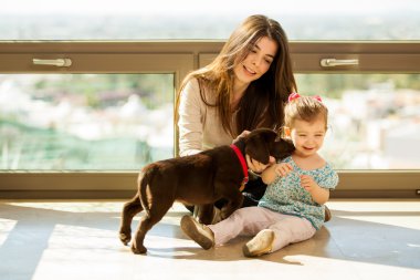Anne ve kızı bir köpekle oynamayı