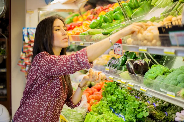 Bonita morena comprando algumas compras — Fotografia de Stock