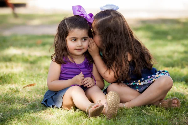 Niedliche kleine Freunde, die einander ein Geheimnis erzählen, während sie im Park sitzen — Stockfoto