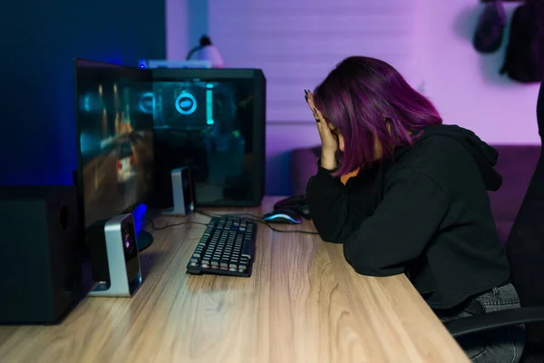 Loser Sad Female Gamer Feeling Defeated Losing Online Match While — Stock Photo, Image
