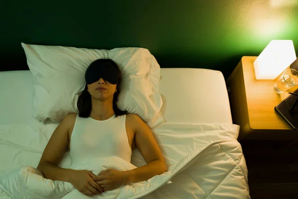 Can Sleep Lights Top View Gorgeous Woman Sleep Mask Resting — Stock Photo, Image