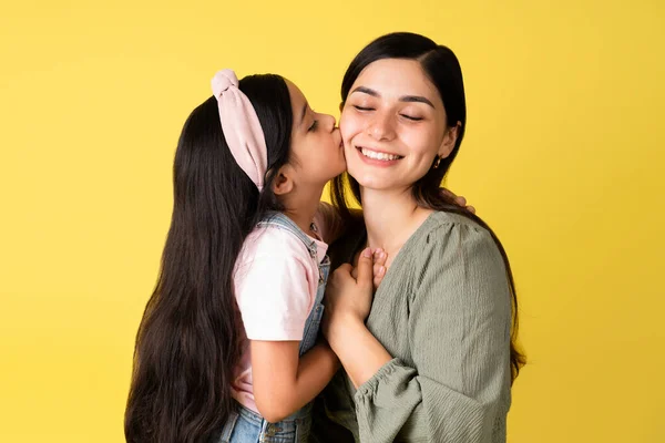 Adorable Little Girl Kissing Her Beautiful Mother Cheek Sharing Her — Stock Photo, Image