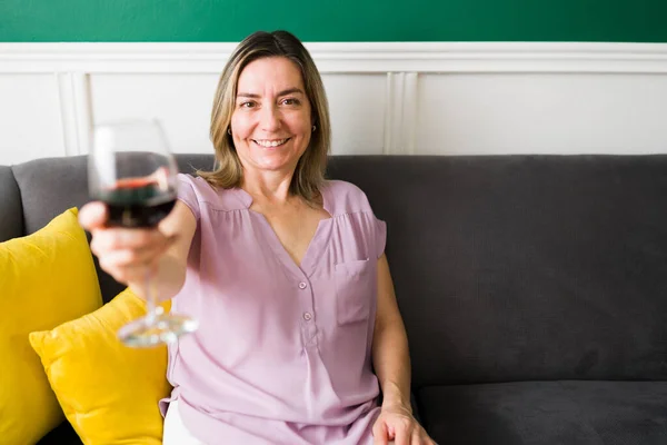 Cheers Cheerful Caucasian Woman Her 50S Making Toast Drinking Glass — Stock Photo, Image