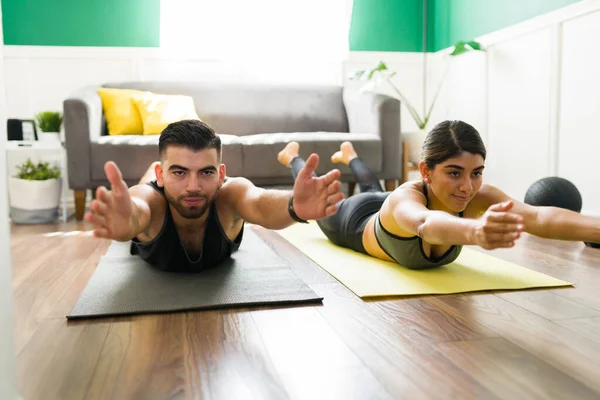 Attractive Workout Partners Locust Pose Working Out Yoga Exercises Living — Stock Photo, Image