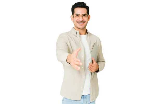 Nice Meet You Cheerful Young Man Clipboard Putting His Hand — Stock Photo, Image