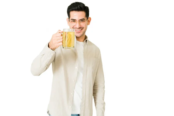 Cheers You Good Looking Guy Looking Camera Making Toast While — Stock Photo, Image
