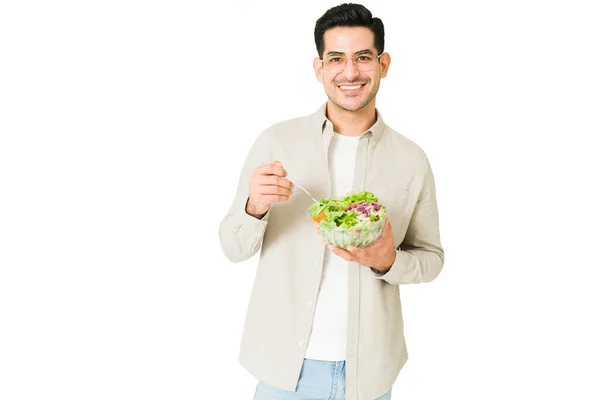 Jovem Atraente Com Estilo Vida Saudável Uma Nova Dieta Comendo — Fotografia de Stock