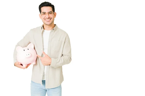 Very Happy Savings Satisfied Proud Man Holding Piggy Bank Lot — Stock Photo, Image