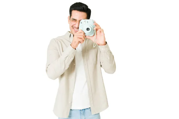 Handsome Young Man Taking Photo His Friends Colorful Instant Camera — Stock Photo, Image