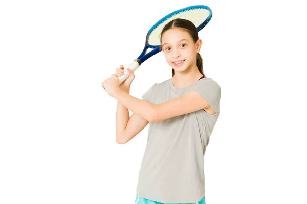 Retrato Uma Jovem Caucasiana Feliz Desfrutando Jogo Tênis Pronto Para — Fotografia de Stock