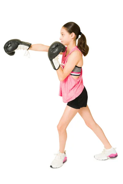 Fitness Fille Préadolescente Travaillant Pendant Les Cours Boxe Athlétique Jeune — Photo