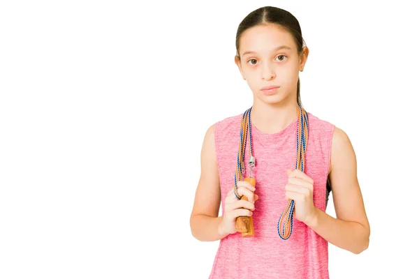 Fit Little Girl Holding Jumping Rope Ready Her Cardio Workout — Stock Photo, Image