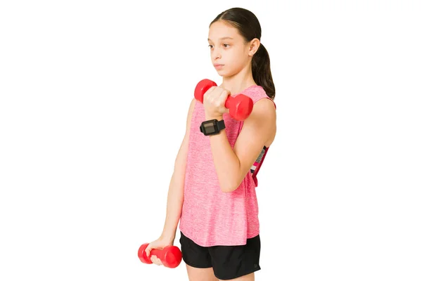 Determined Beautiful Girl Activewear Lifting Dumbbell Weights Her Workout Routine — Stock Photo, Image