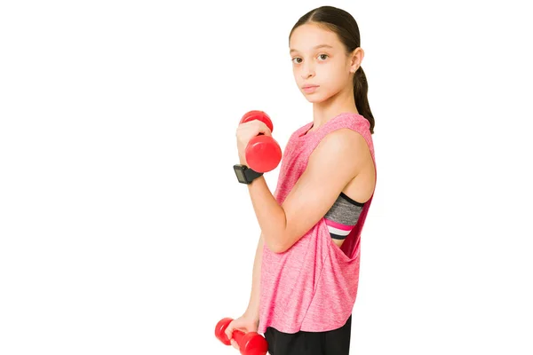 Strong Little Girl Doing Bicep Curls Working Out Weights Fitness — Stock Photo, Image
