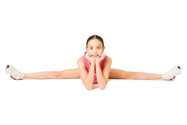 Adorável Menina Fazendo Uma Perna Dividida Trabalhando Sua Flexibilidade Corpo — Fotografia de Stock