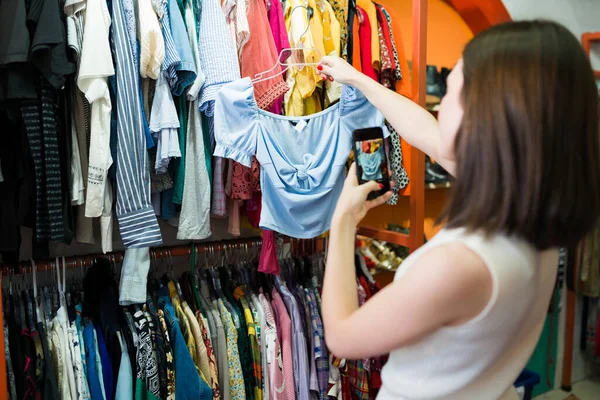 Rear View Caucasian Woman Shopping Taking Photo Fashion Blouse While — Stock Photo, Image