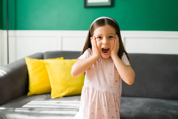 Scared Elementary Kid Screaming Feeling Afraid Watching Scary Movie Angry — Stock Photo, Image