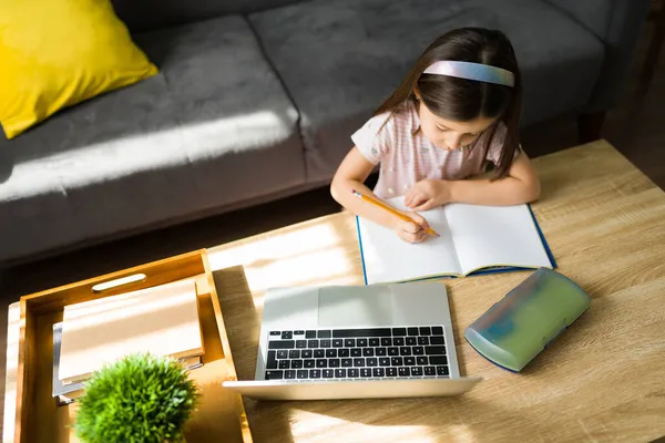 Alto Ángulo Una Linda Niña Haciendo Ejercicio Escolar Durante Clase —  Fotos de Stock