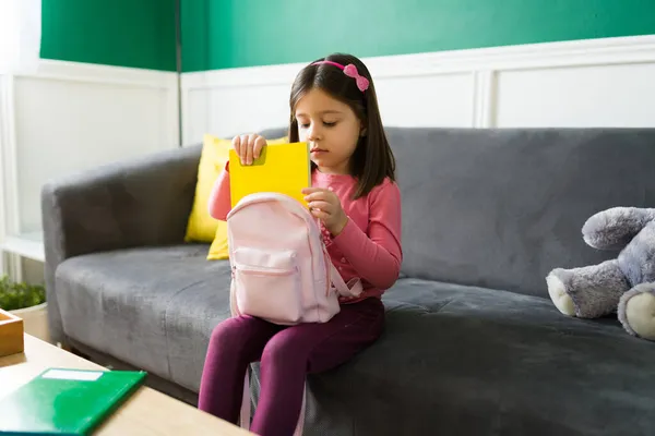 Finished Homework Little Kid Putting Her Books Her Pink Backpack — Stock Photo, Image