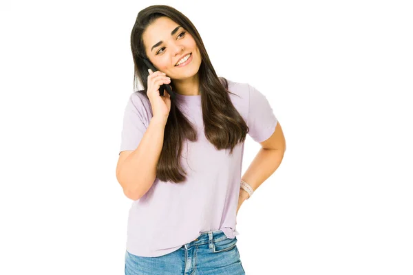 Happy Woman Talking Phone Her Partner Caucasian Woman Making Call — Stock Photo, Image