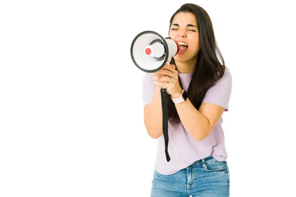 Freedom Speech Angry Caucasian Woman Using Megaphone Talking Injustice — Stock Photo, Image