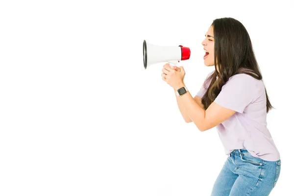 Side View Angry Young Woman Screaming Megaphone White Background — Stock Photo, Image