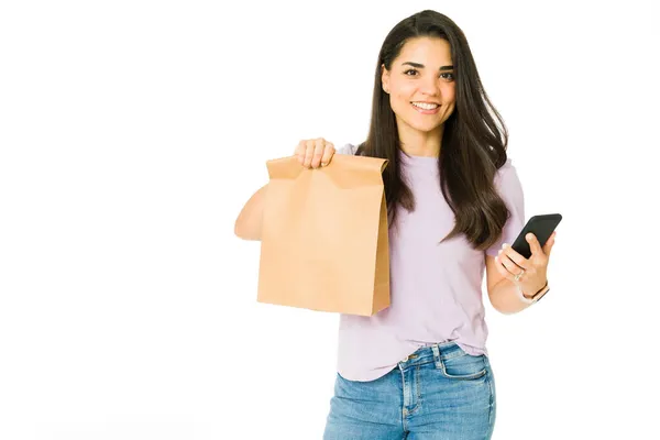 Gorgeous Young Woman Holding Bag Her Lunch Ordering Food Delivery — Stock Photo, Image