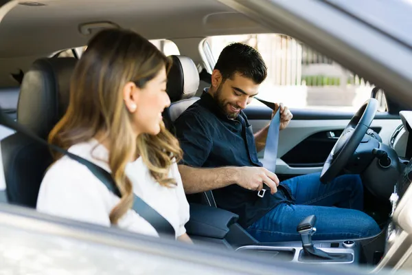 Safety First Happy Man His Girlfriend Car Putting Seat Belt — Stock Photo, Image