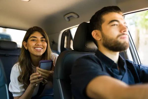 Cheerful Woman Female Passenger Feeling Happy While Taking Ride Share — Stock Photo, Image