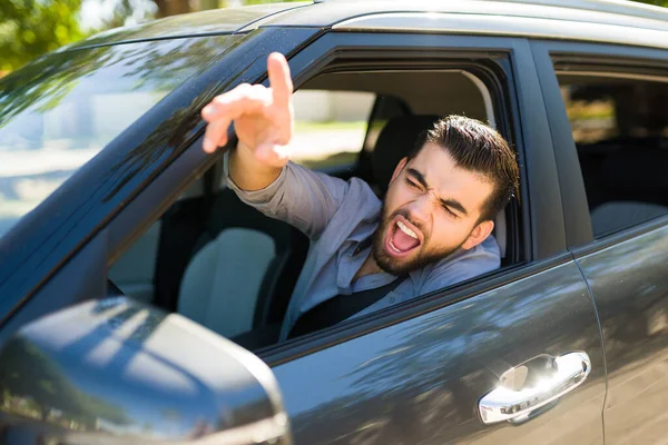 Road Rage Concept Angry Aggressive Young Man Shouting Passing Driver — Stock Photo, Image