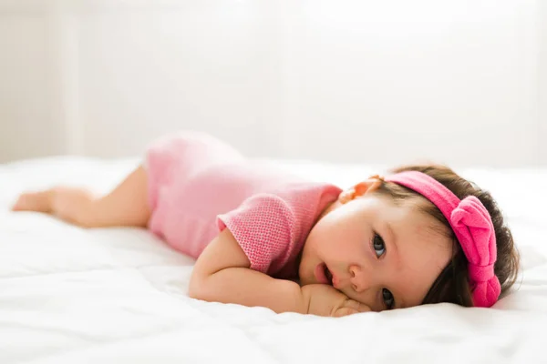 Tired Adorable Baby Girl Lying Her Stomach Bed Taking Nap — Stock Photo, Image