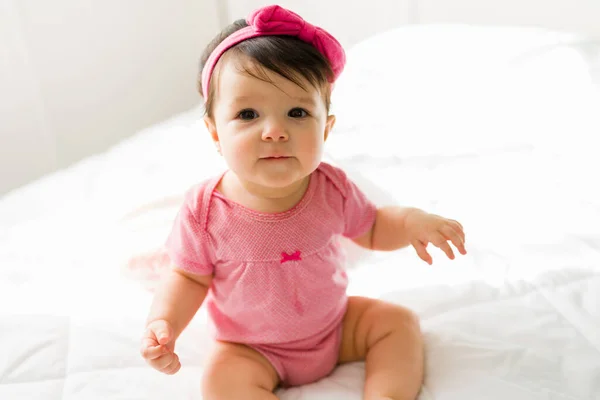 Portrait Beautiful Cute Baby Girl Pink Headband Onesie Sitting White — Stock Photo, Image