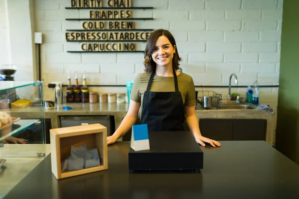 Attractive Female Barista Smiling Looking Camera While Working Counter Coffee — Stock Photo, Image