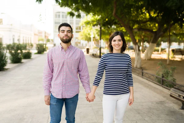 Portrait Attractive Couple 20S Holding Hands Going Relaxing Walk Park — Stock Photo, Image