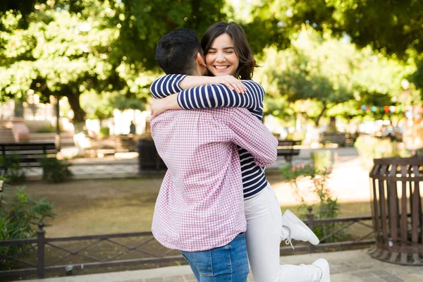 Missed You Much Excited Girlfriend Jumping Her Boyfriend Arms Embracing — Stock Photo, Image