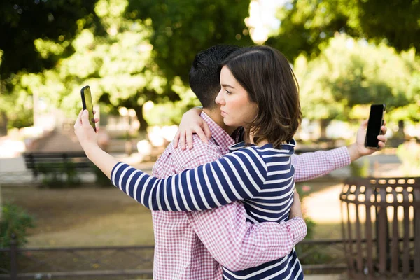 Sad Couple Thinking Other People Upset Boyfriend Girlfriend Cheating Texting — Stock Photo, Image