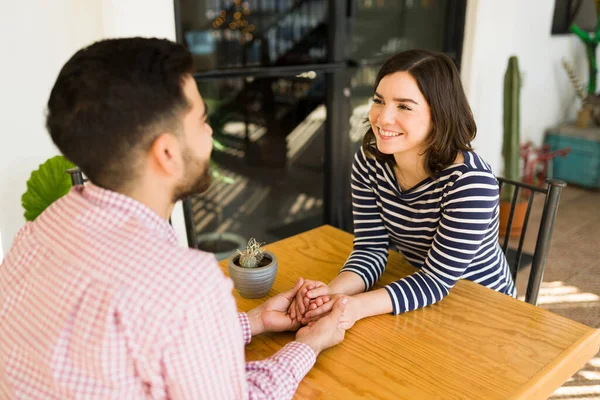 Beautiful Girlfriend Holding Hands Man Outdoor Restaurant Young Woman Love — Stock Photo, Image