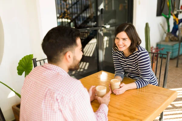 Love Being You Excited Woman Laughing Joking Her Boyfriend Date — Stock Photo, Image
