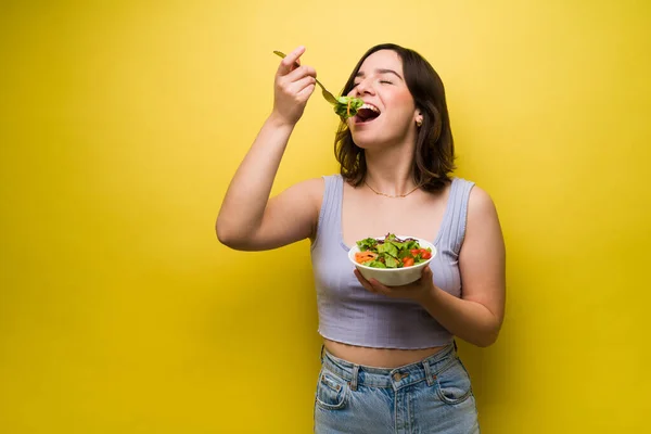 有魅力的女人 健康的生活方式 吃着一碗沙拉 年轻女人吃她的蔬菜 — 图库照片