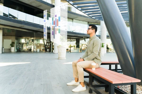 Handsome Latin Man Glasses Looking Calendar Texting Augmented Reality — Stock Photo, Image