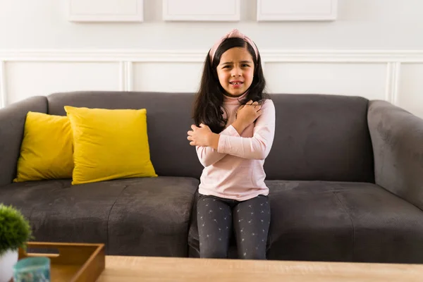 Pained Little Girl Making Eye Contact Having Allergic Reaction Beautiful — Stockfoto