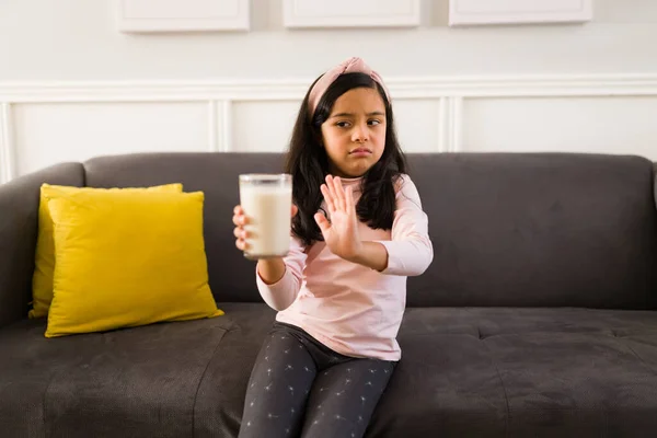 Don Milk Upset Elementary Girl Lactose Intolerance Refusing Drink Glass — Stock Photo, Image