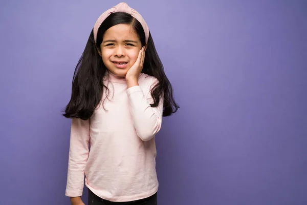 Much Pain Stressed Latin Girl Suffering Toothache Touching Her Cheek — Stock Photo, Image