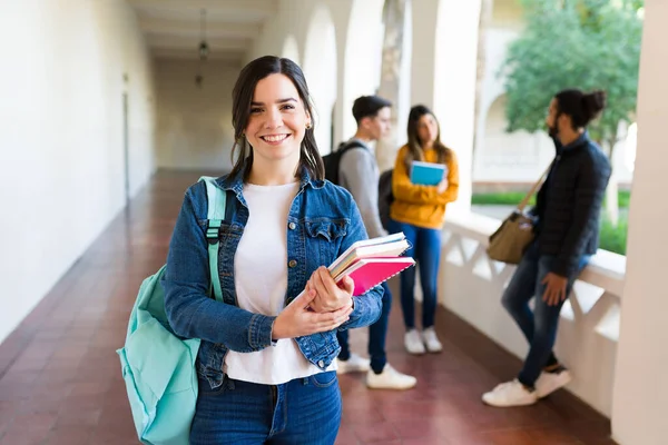 Beautiful Caucasian Student Feeling Cheerful Getting Out Class College Going — Fotografia de Stock