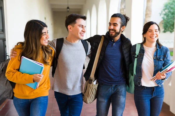 Attractive College Friends Laughing Joking While Walking Together University Hallways — Stock Photo, Image
