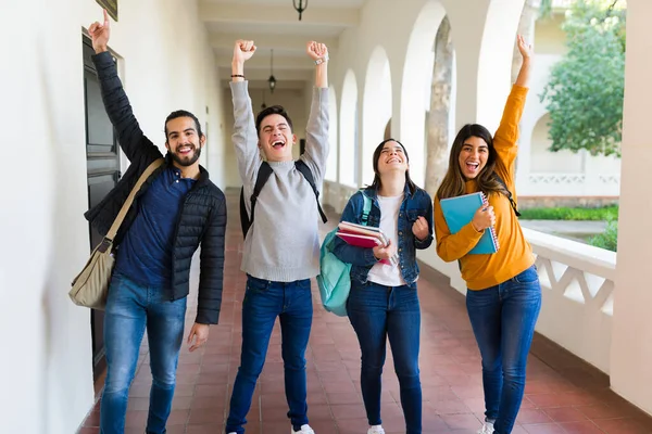Did Excited College Students Hands Air Celebrating Passing University Exams — Stock fotografie