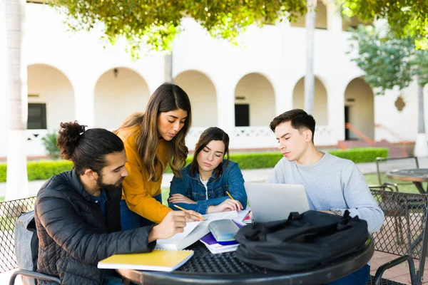 大学の外に座って勉強会 彼女の大学の友人に宿題を説明し ラップトップ上で研究を行うスマート学生 — ストック写真