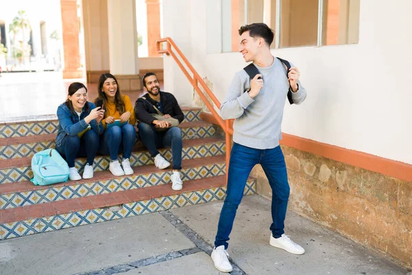 Fun Student Carrying Backpack Joking While His Friends Laughing Recording — Fotografia de Stock